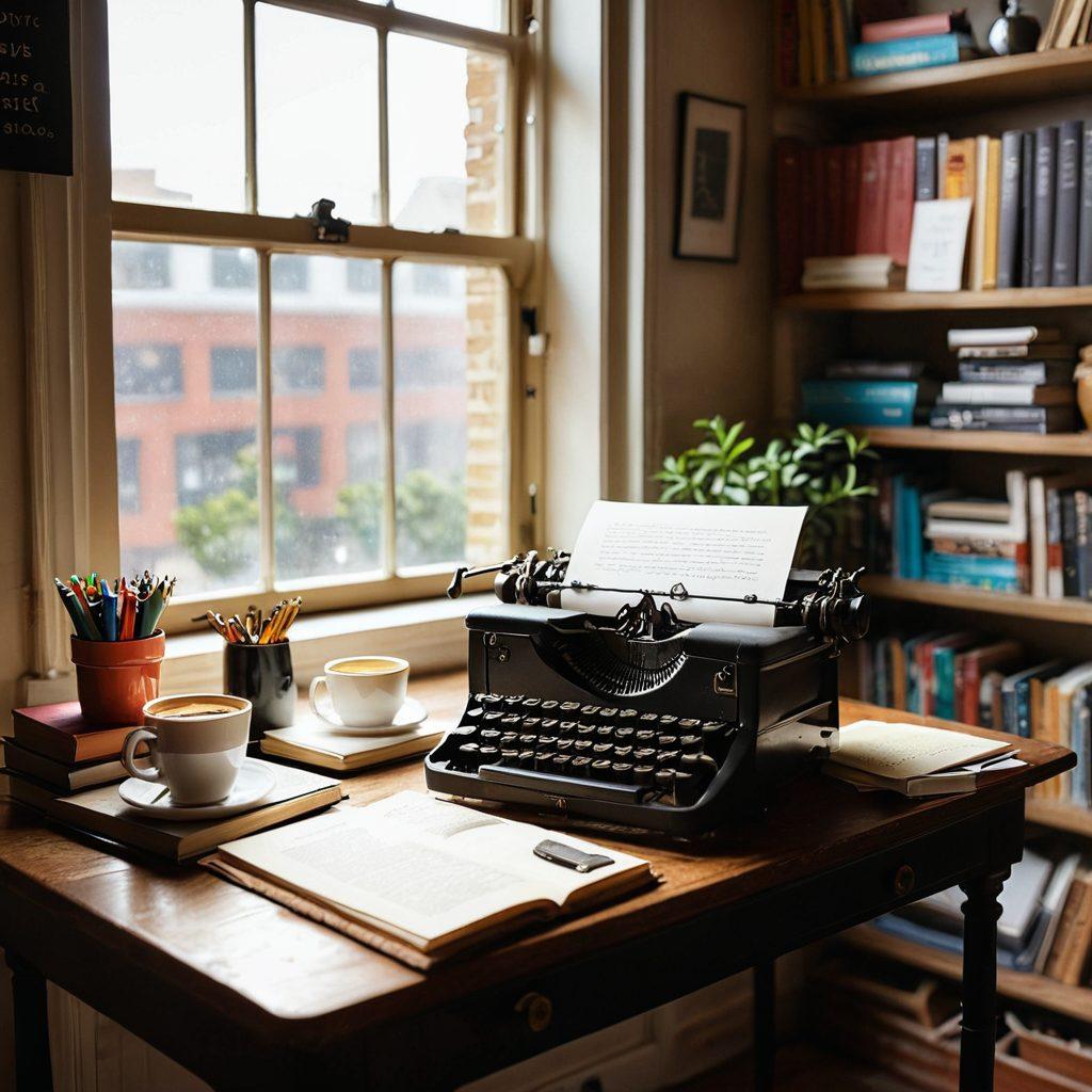 A cozy workspace featuring a vintage typewriter surrounded by stacks of colorful books, a cup of steaming coffee, and a notepad filled with handwritten notes. Sunlight pours through a nearby window, illuminating inspirational quotes on the wall. An open laptop sits to the side, showcasing a blog post in progress. The atmosphere conveys creativity and motivation for aspiring writers. super-realistic. warm tones. inviting ambiance.