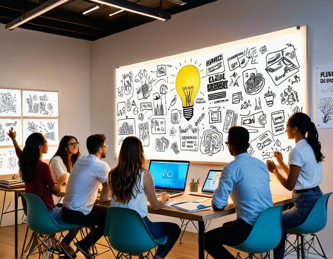 A creative workspace filled with vibrant sketches and notes, showcasing a diverse group of people collaborating on a large idea board, glowing lightbulbs above their heads symbolizing inspiration. Elements of digital content like laptops and smartphones interweave with artistic materials like paintbrushes and color palettes. The atmosphere is dynamic and energetic, reflecting the transformation of ideas into impactful content. super-realistic. vibrant colors. white background.